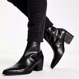 ASOS DESIGN heeled chelsea boots with pointed toe in black leather